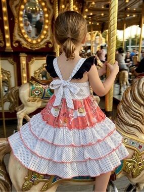 Olive Mae Girls Tiered Polka Dot & Carousel Print Dress in pink and White